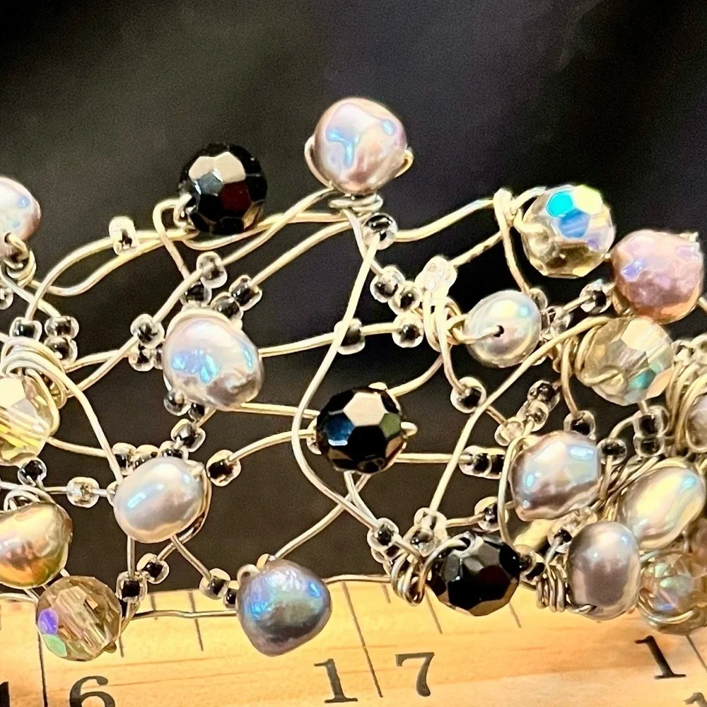 Vintage Handmade Wire Wrapped Bracelet Freshwater Pearl Aurora Borealis Bead Art